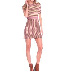 $128 Free People Retro Cool Mini Dress Large 12 Pink Yellow Shimmer Knit Stretch